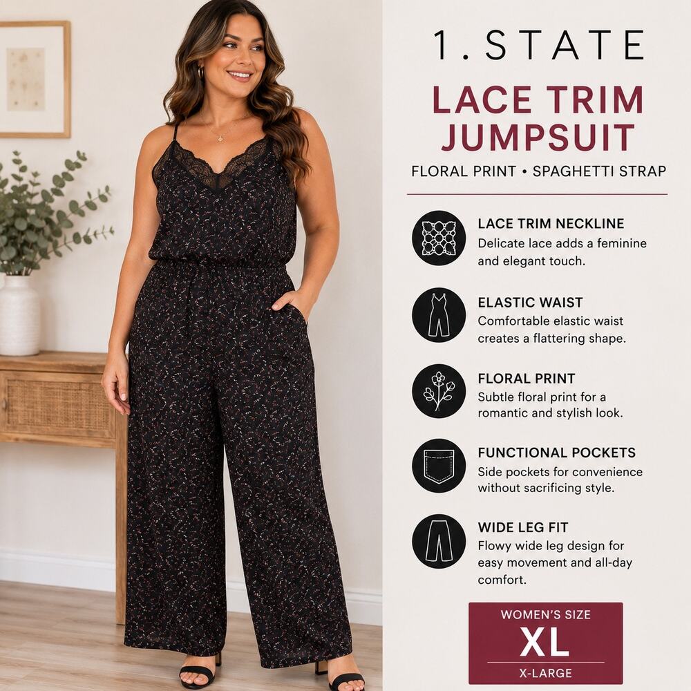 1 STATE TEDO Floral Lace Trim Jumpsuit Black Red Spaghetti Strap Wide Leg XL